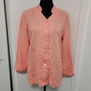 Coral Linen Collarless Button Up Tunic